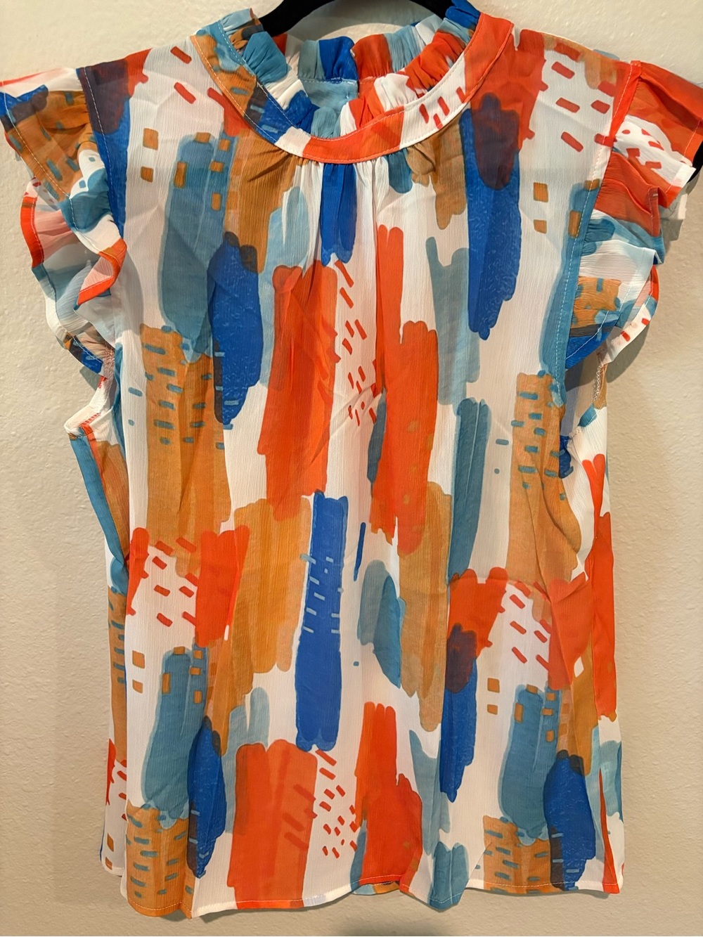 Women’s Abstract Brushstroke Ruffle Sleeveless Top - White Multi
